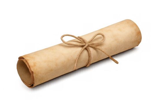 Old parchment scroll tied with string on transparent background, conveying history, secrets, and ancient messages