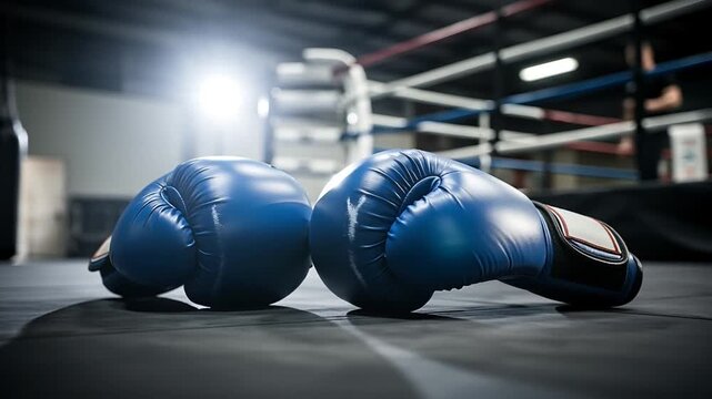 Blue boxing gloves on ring floor with dramatic gym lighting.