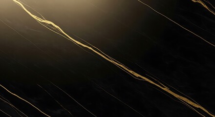Black marble surface with thin and thick golden veins and subtle light gradient texture