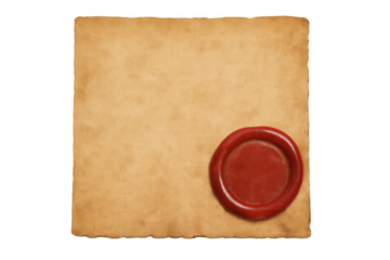 Vintage parchment paper with red wax seal blank template on transparent background, symbolizing historical document or certificate