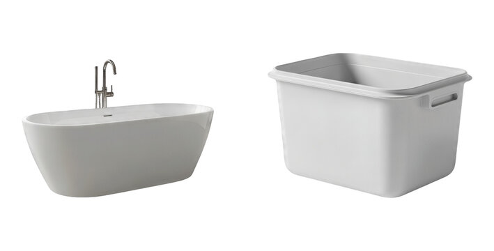 Modern freestanding white bathtub with chrome floor mounted faucet beside a light gray rectangular plastic storage bin perfect for bathroom organization laundry