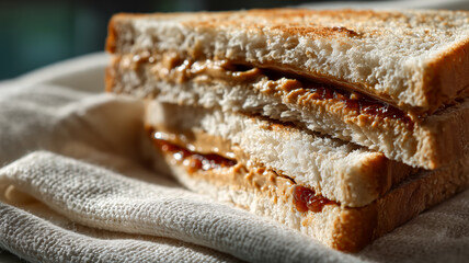 A tasty stack of peanut butter and fruit spread sandwich, elegantly positioned on a textured cloth, perfect for a quick meal.