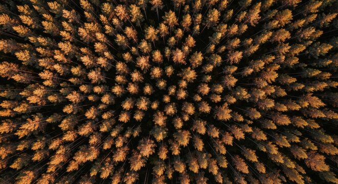 Majestic top-down aerial perspective of a vast coniferous forest, with the treetops glowing in the warm, golden orange light of a spectacular sunrise or sunset