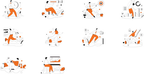 Business People Engaged in Various Work Activities Flat Illustrations
