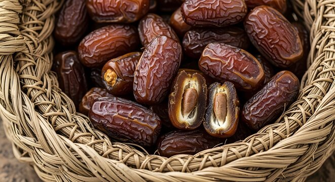 Close-up texture of a woven palm frond basket filled with fresh sticky dates, showing natural fibers, rich tones, and the organic feel of traditional Middle Eastern produce.