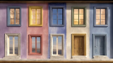 Obraz premium A colorful building with numerous windows and a staircase leading to its roof