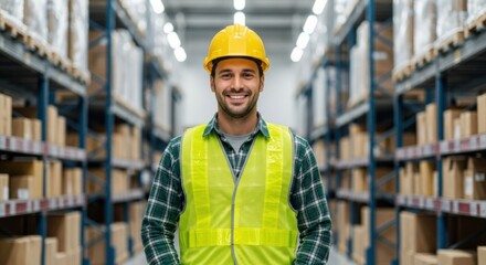 A cheerful and confident male warehouse worker in a hard hat and high-visibility safety vest smiles for a portrait inside a large distribution center
