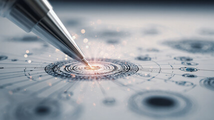 Pen sketching detailed circular geometric designs with glowing light effects on paper, creating an artistic and futuristic blueprint concept for innovation and creat
