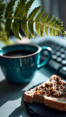 Morning routine, coffee and a snack on the table, a natural light illuminating the breakfast with a keyboard in the background.
