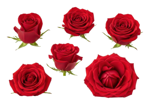 Seven distinct deep red rose blooms, bud to full, velvety texture, against a transparent minimalist studio environment with ample negative space. Concept of elegance and natural beauty