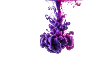 Vibrant purple and pink ink streams swirling, expanding, dissolving organically in crystal-clear water against a transparent background, photorealistic abstract art, concept of digital transformation