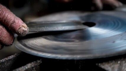 Worker inspecting freshly maintained saw blade teeth after honing filing and grinding steps ready for smooth and effective cutting tasks.