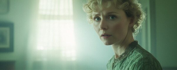 Victorian murder mystery. A tough beautiful woman detective in the fog searching for clues in London. Panoramic movie still.