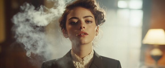 Victorian murder mystery. A tough beautiful woman detective in the fog searching for clues in London. Panoramic movie still.