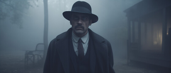 Victorian murder mystery. An enigmatic brilliant detective in the fog searching for clues in London. Panoramic movie still.
