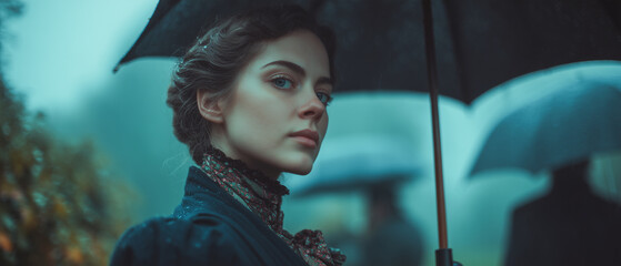 Victorian murder mystery. A tough beautiful woman detective in the fog searching for clues in London. Panoramic movie still.