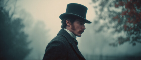 Victorian murder mystery. An enigmatic brilliant detective in the fog searching for clues in London. Panoramic movie still.
