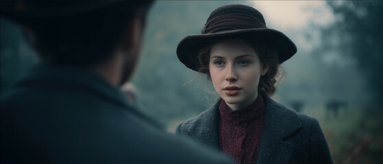 Victorian murder mystery. A tough beautiful woman detective in the fog searching for clues in London. Panoramic movie still.