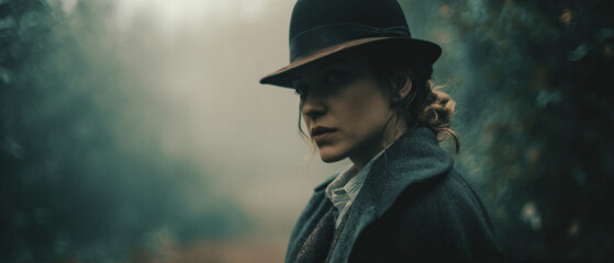 Victorian murder mystery. A tough beautiful woman detective in the fog searching for clues in London. Panoramic movie still.