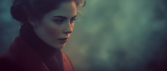 Victorian murder mystery. A tough beautiful woman detective in the fog searching for clues in London. Panoramic movie still.