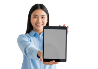 Young asian woman, mid-20s, in light blue shirt, confidently presenting a blank black digital tablet, friendly smile, against a transparent studio background, concept of user-friendly technology