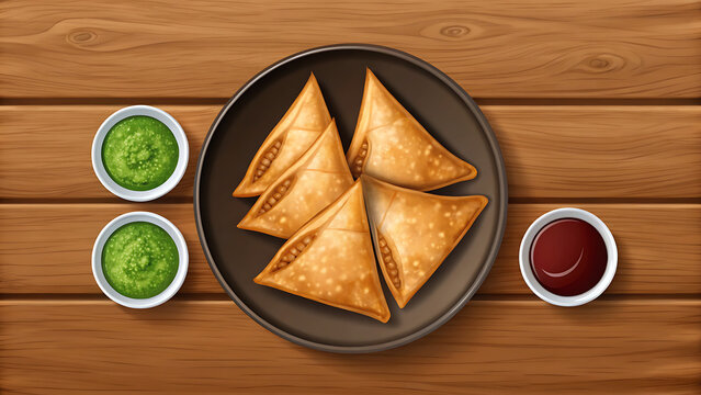 Golden brown triangular samosas served in a dark bowl with green chutney and red sauce on a wooden table