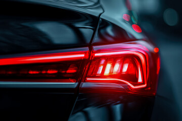 Close-up of a modern car's illuminated taillight in a night setting