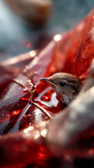 A small bird is immersed in a liquid that is red, causing a visual tension between fragility and an ominous setting. 