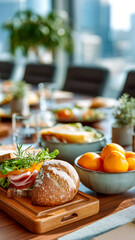 A sandwich, oranges, and other foods are neatly arranged on a wooden table, creating an inviting and appetizing scene for a meal.