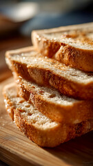 Golden toasted bread, stacked high, gleams with a buttery sheen. Perfect for a comforting breakfast or a tasty snack anytime. Yummy!