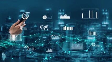 A professional holds a smartphone amidst digital graphs and charts, representing modern business analytics against a vibrant city background, symbolizing data-driven decisions. Xenic - Powered by Adobe