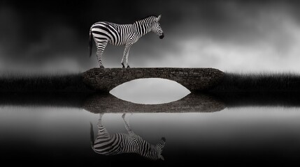 Fototapeta premium A monochrome image depicts a zebra standing on a stone bridge, above a body of water with a dark sky in the backdrop