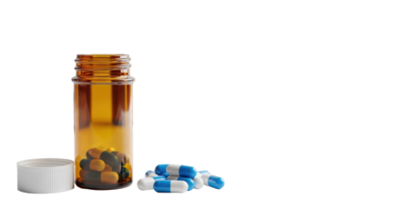 Unbranded amber pharmaceutical bottle with cap beside it, blue and white medical capsules on transparent surface, clean background with copy space. Modern healthcare innovation concept