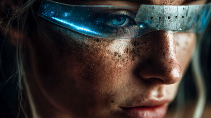 A close up of a woman's face with a futuristic visor over her eyes, casting a blue light against her skin. Detailed portrait.