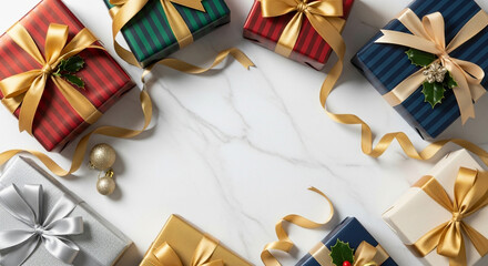 Christmas gift box with ribbon, drawing, scissors, thread, and craft equipment