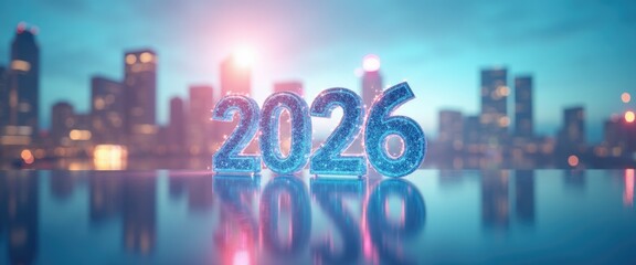 Floating 3D 2026 hologram over cityscape reflection, futuristic vision and progress