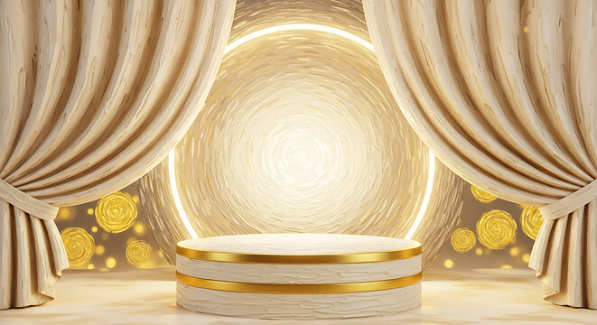 Elegant cream and gold podium stage with luxurious draped curtains and glowing circular backdrop, ideal for product display, awards ceremony, or festive celebration.