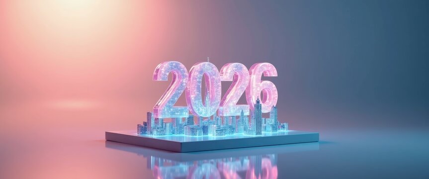 Floating 3D '2026' hologram over cityscape reflection