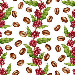 A watercolor seamless pattern with coffee twigs, red berries and leaves, and roasted coffee beans. Perfect for coffee shop branding, packaging design, menus, and textile prints.