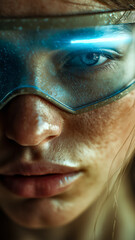 Close-up of a woman with glowing visor; emphasizing eye. The visor enhances her gaze, creating a striking visual effect, intriguing tech appeal.