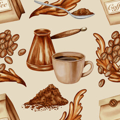 A seamless watercolor pattern with a cup, a cezve, coffee beans, and splashes. Coffee pattern. Perfect for packaging, cafes, menus, and coffee shop branding.