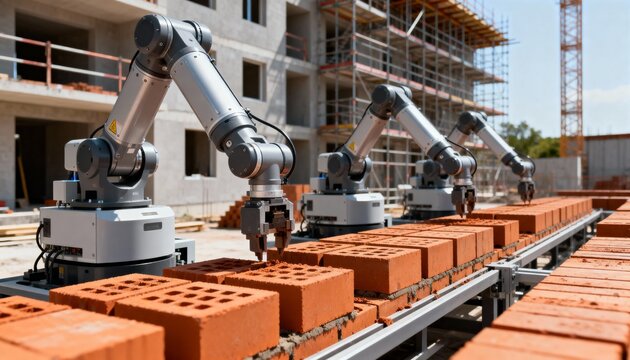 Medium shot of autonomous robots systematically assembling bricks on a residential building site showcasing precision and efficiency in modern home construction.