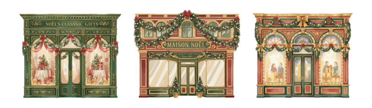 A set vintage style Christmas storefronts decorated with garlands, lights, and festive window displays.