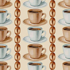 A seamless watercolor pattern featuring pastel coffee cups and roasted coffee beans. Perfect for coffee shop branding, menus, packaging, and textile prints.