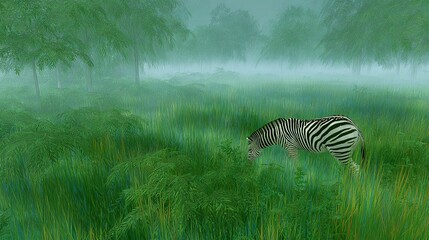 Obraz premium A digital painting of a zebra grazing in a field of tall grass with trees in the background and misty fog shrouding the sky