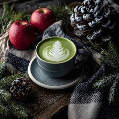 Green Matcha Latte with Latte Art and Christmas Decorations on Dark Background