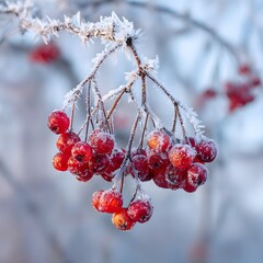 Frozen Red Berries Covered with Ice Crystals on Winter Branch Close Up