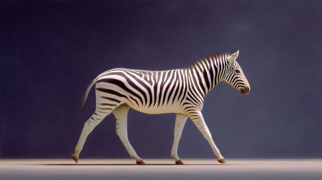   A zebra strolls between two walls, one blue and the other black