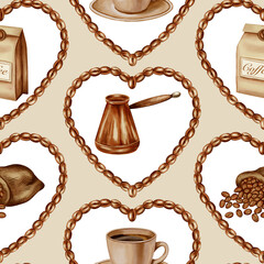 Hand-painted watercolor seamless pattern with coffee bean hearts, Turk pot, cup, and sack. Ideal for coffee shops, romantic packaging, menu backgrounds, and store display.