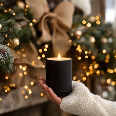 Hands Holding Black Candle with Christmas Tree Bokeh Lights Background Cozy Atmosphere